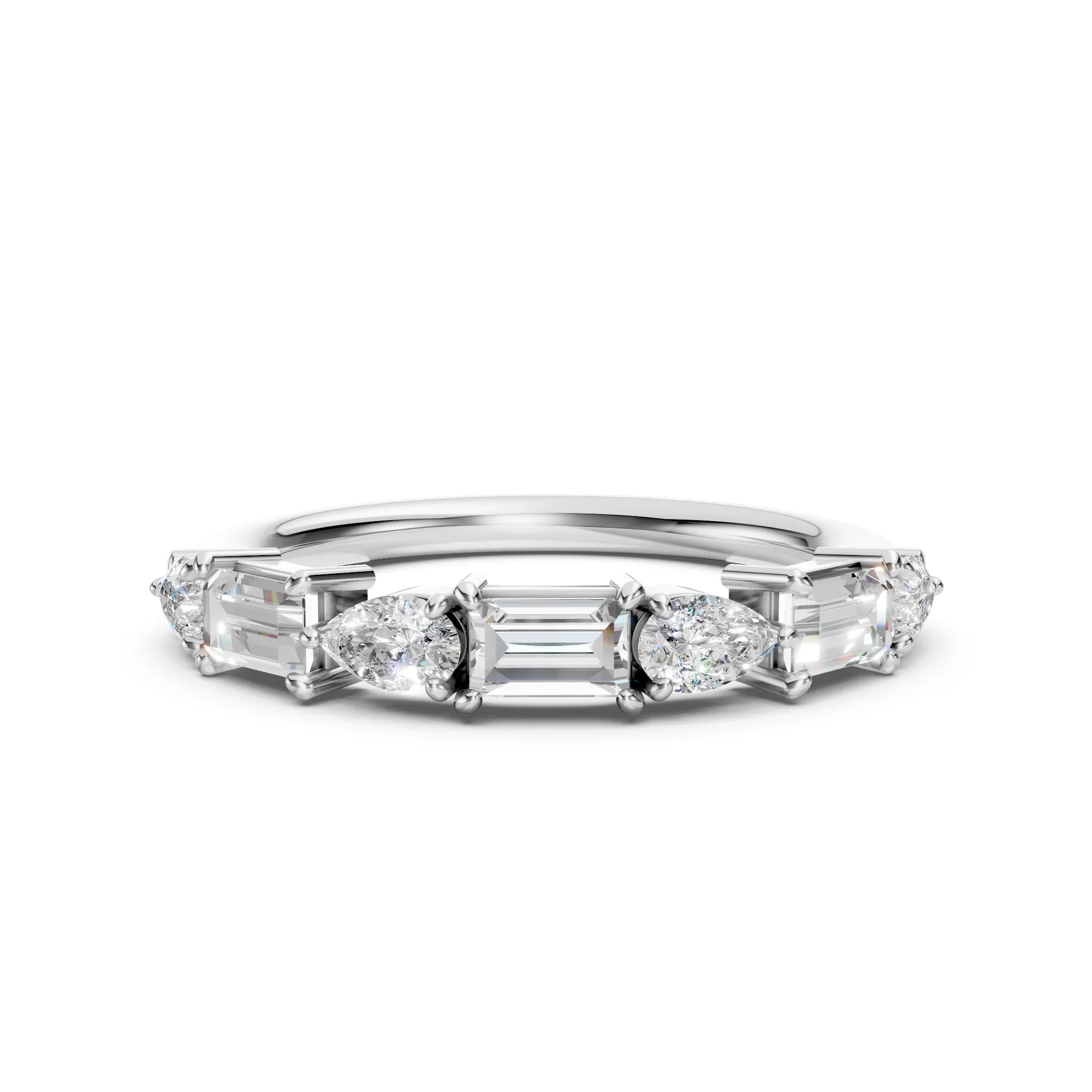 Custom white gold wedding band featuring pear and baguette diamond accents