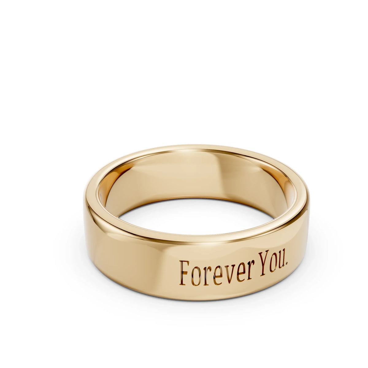 Gold wedding band engraved with the words 'Forever You.' on a white background
