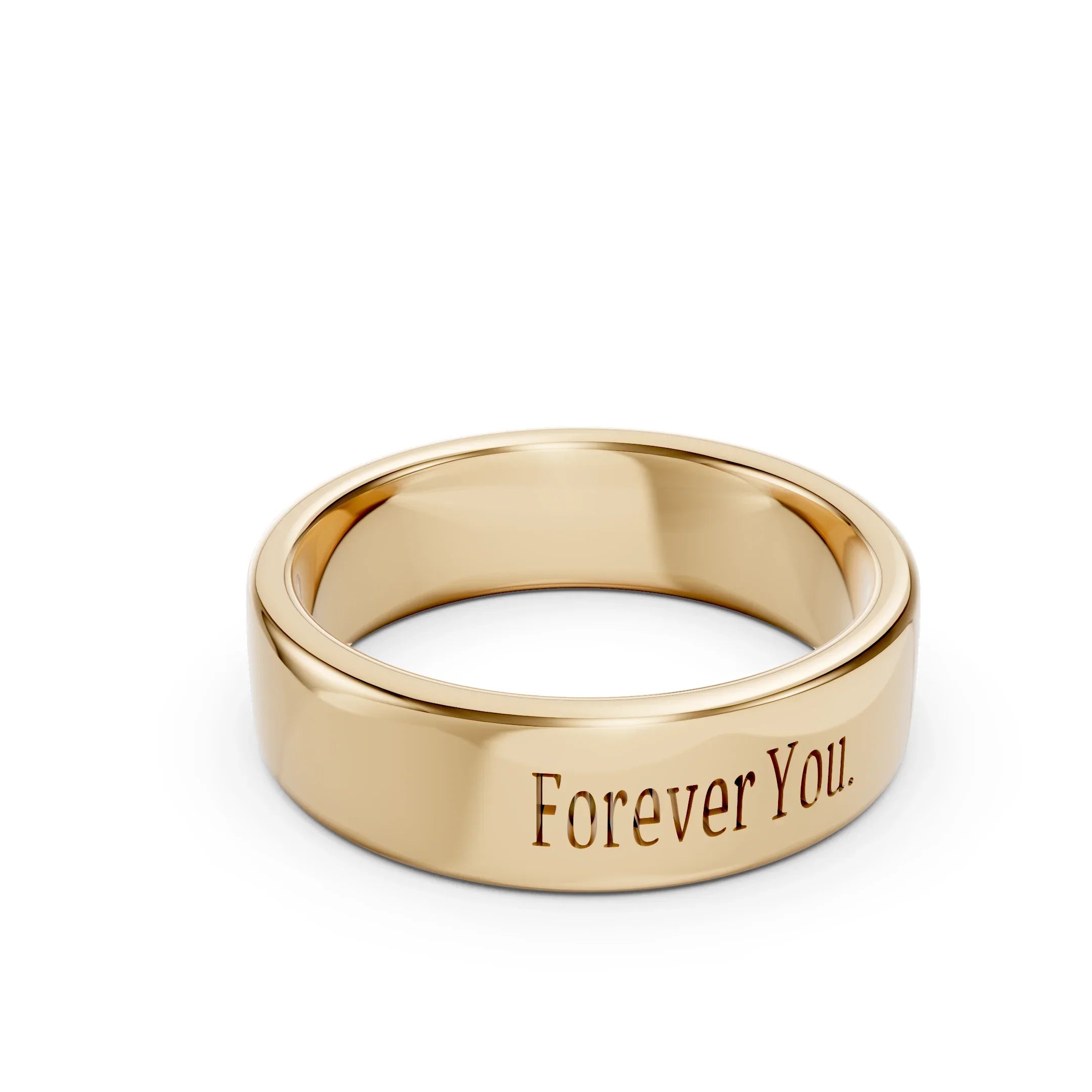 Gold wedding band engraved with the words 'Forever You.' on a white background