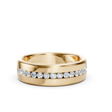Yellow gold wedding band with a channel-set row of round brilliant diamonds