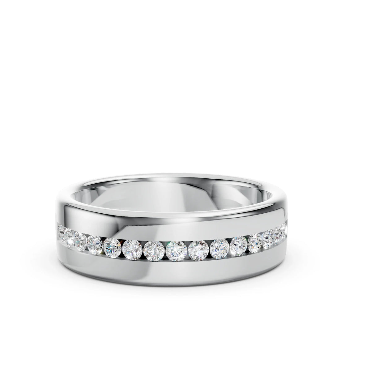 Silver wedding band with a center row of round-cut diamonds on a white background