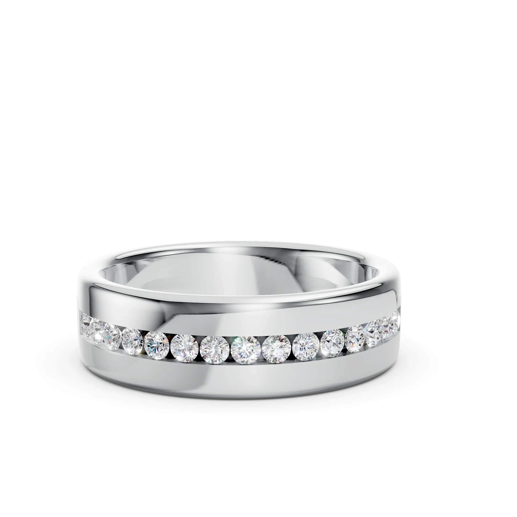 Silver wedding band with a center row of round-cut diamonds on a white background