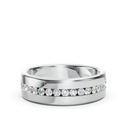 Silver wedding band with a center row of round-cut diamonds on a white background