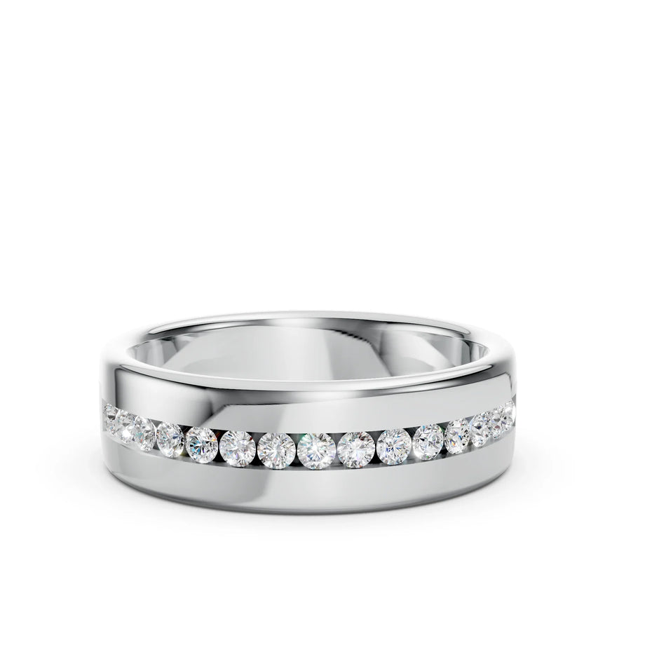 Silver wedding band with a center row of round-cut diamonds on a white background