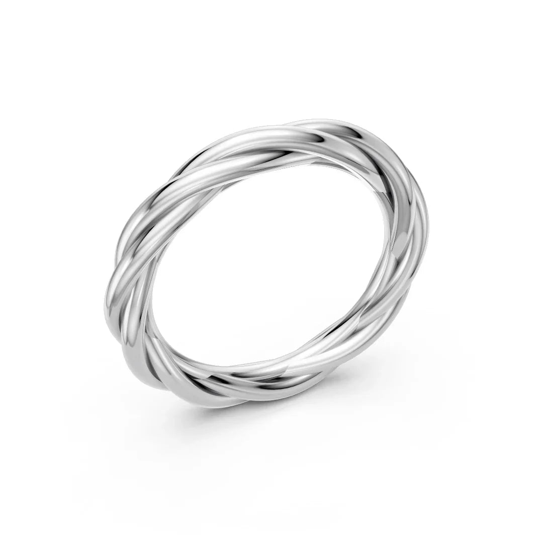 Polished silver twisted rope design band ring on a white background
