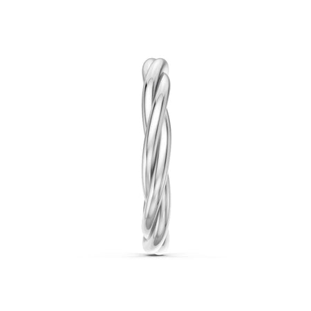 Side view of a polished silver twisted band ring on a white background
