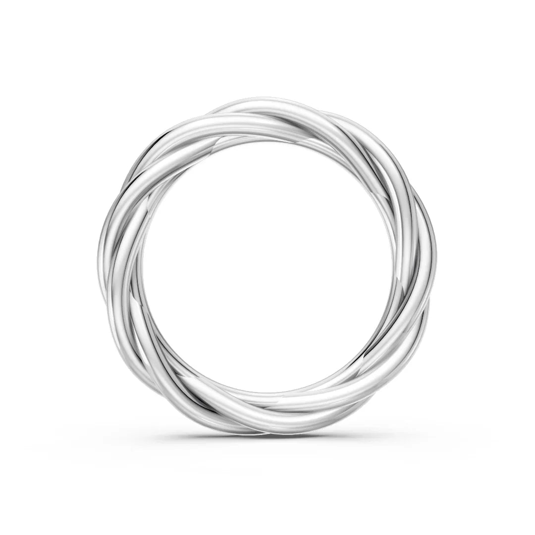 Polished silver twisted band ring on a white background