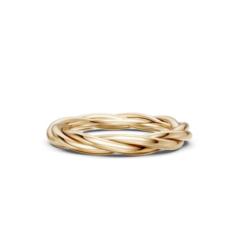 Twisted gold band ring with an interwoven design on a white background