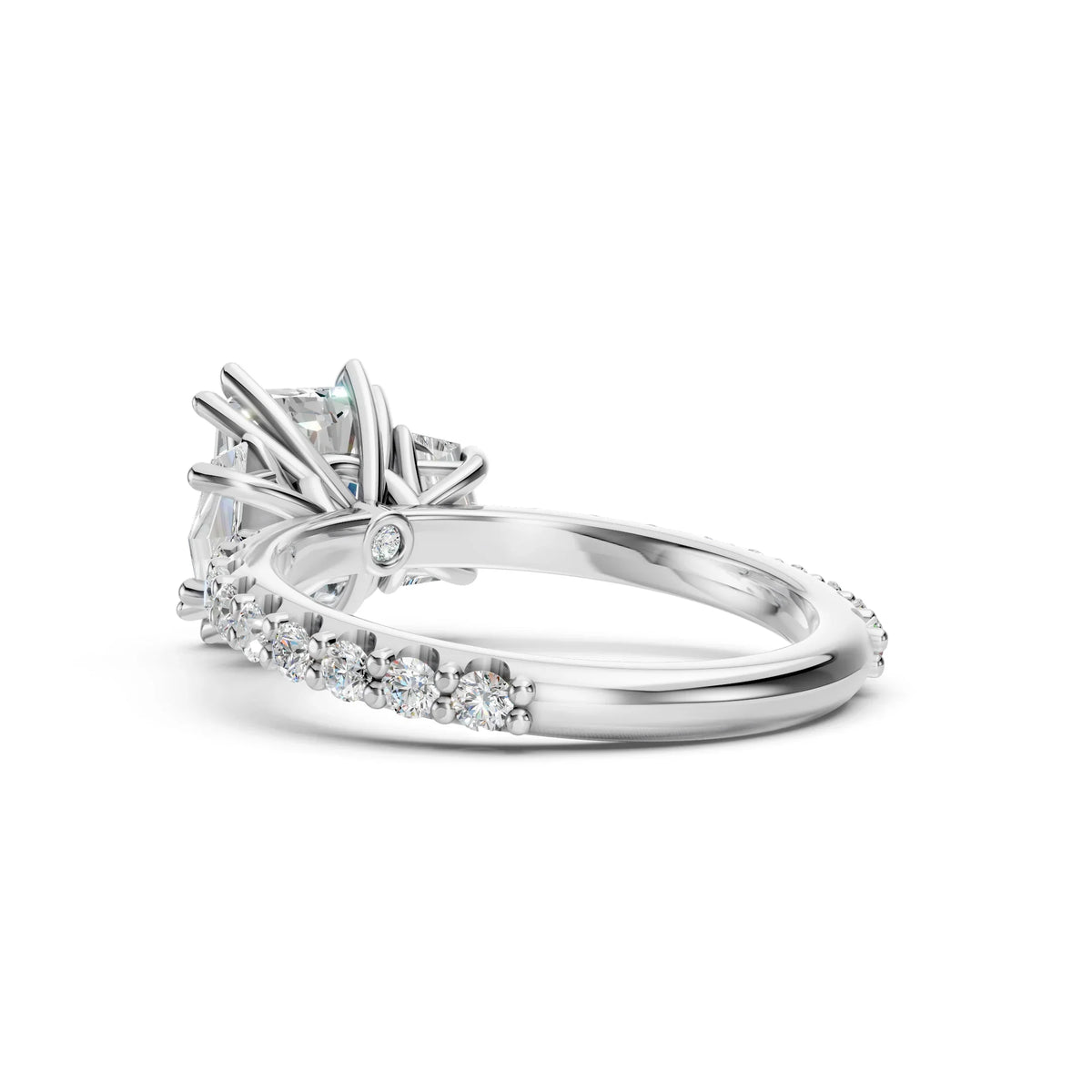 Bel Viaggio Designs lab diamond radiant and Cadillac three stone ring in white gold