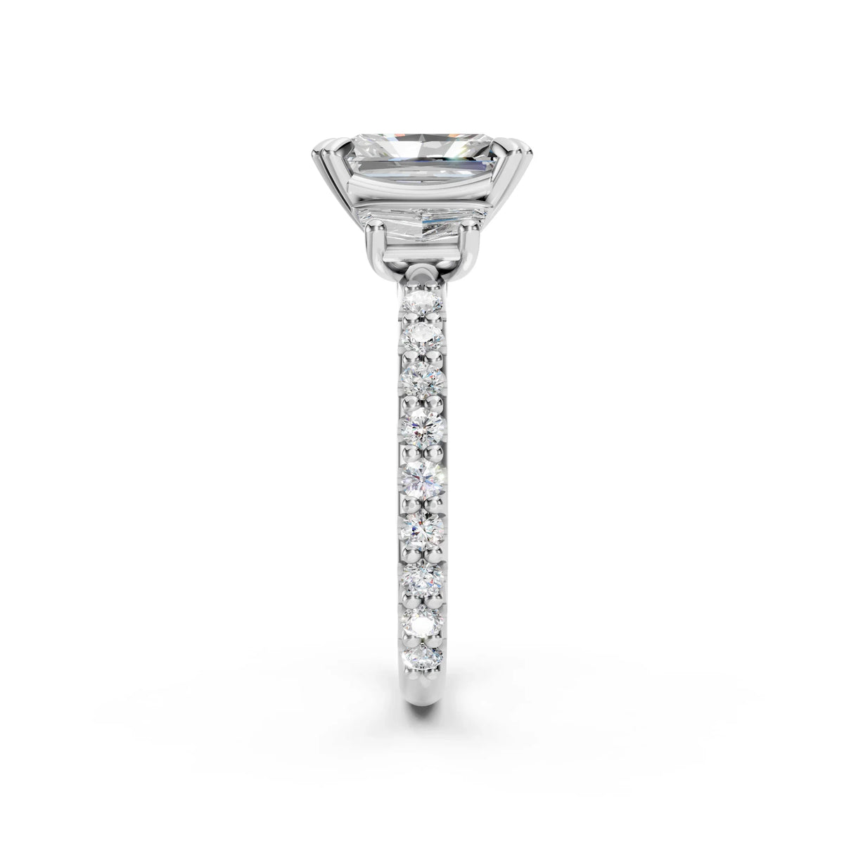 Side view of Bel Viaggio Designs lab diamond radiant cut ring with diamond pave band