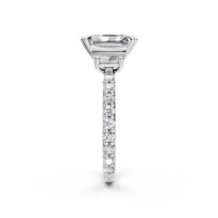 Side view of Bel Viaggio Designs lab diamond radiant cut ring with diamond pave band