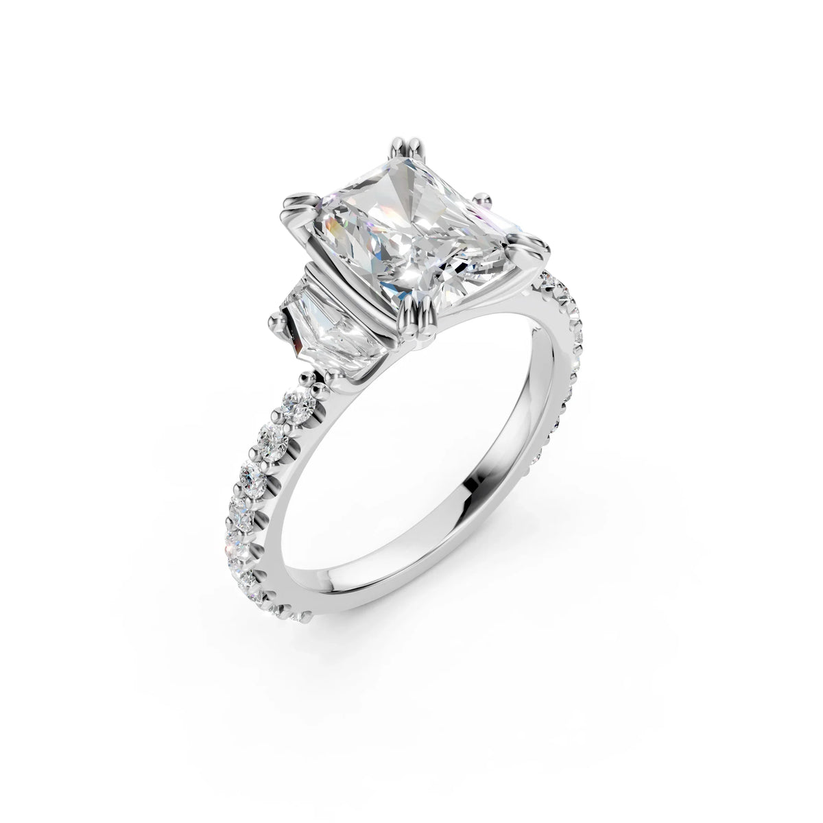 Bel Viaggio Designs lab diamond radiant and cadillac cut three stone ring with pavé band