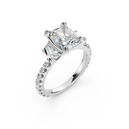 Bel Viaggio Designs lab diamond radiant and cadillac cut three stone ring with pavé band