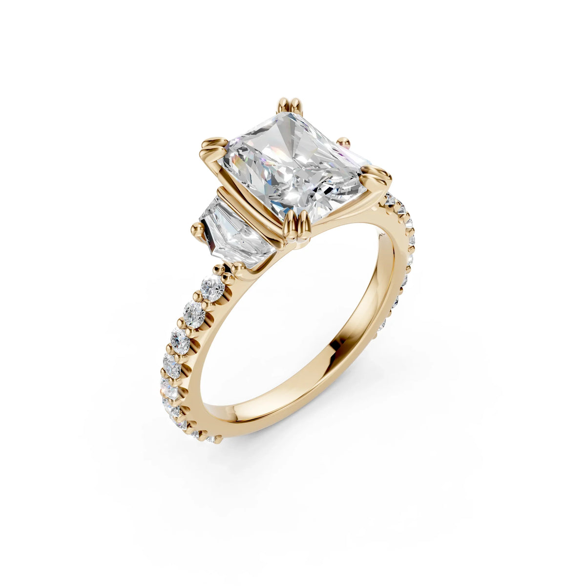 Bel Viaggio Designs lab diamond radiant and cadillac three stone ring in gold
