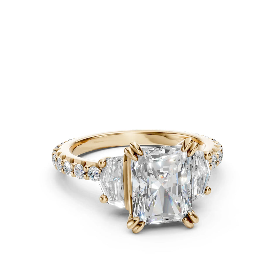 Bel Viaggio Designs lab diamond radiant and cadillac cut three stone ring in yellow gold