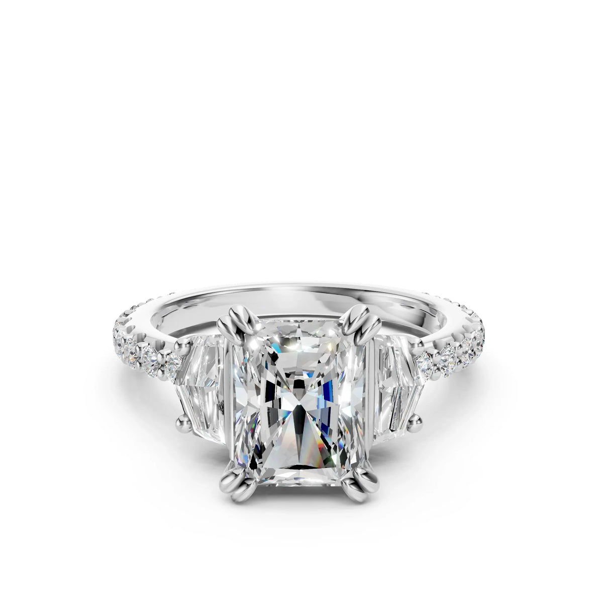 Bel Viaggio Designs lab diamond radiant and Cadillac three stone engagement ring