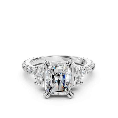 Bel Viaggio Designs lab diamond radiant and Cadillac three stone engagement ring