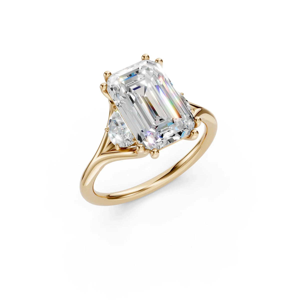 Bel Viaggio Designs three stone lab diamond engagement ring with emerald cut center stone in gold