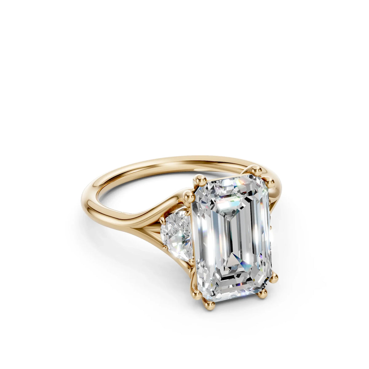Bel Viaggio Designs three stone lab diamond engagement ring with emerald cut center stone