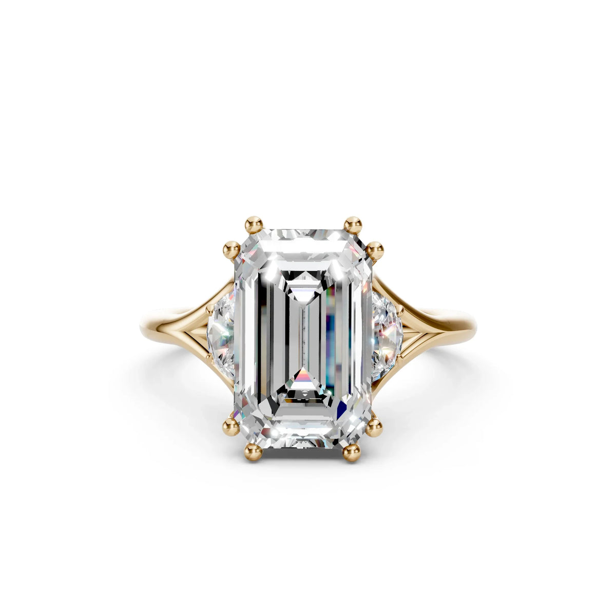 Bel Viaggio Designs three stone lab diamond engagement ring with emerald cut center stone