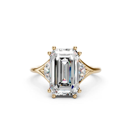 Bel Viaggio Designs three stone lab diamond engagement ring with emerald cut center stone