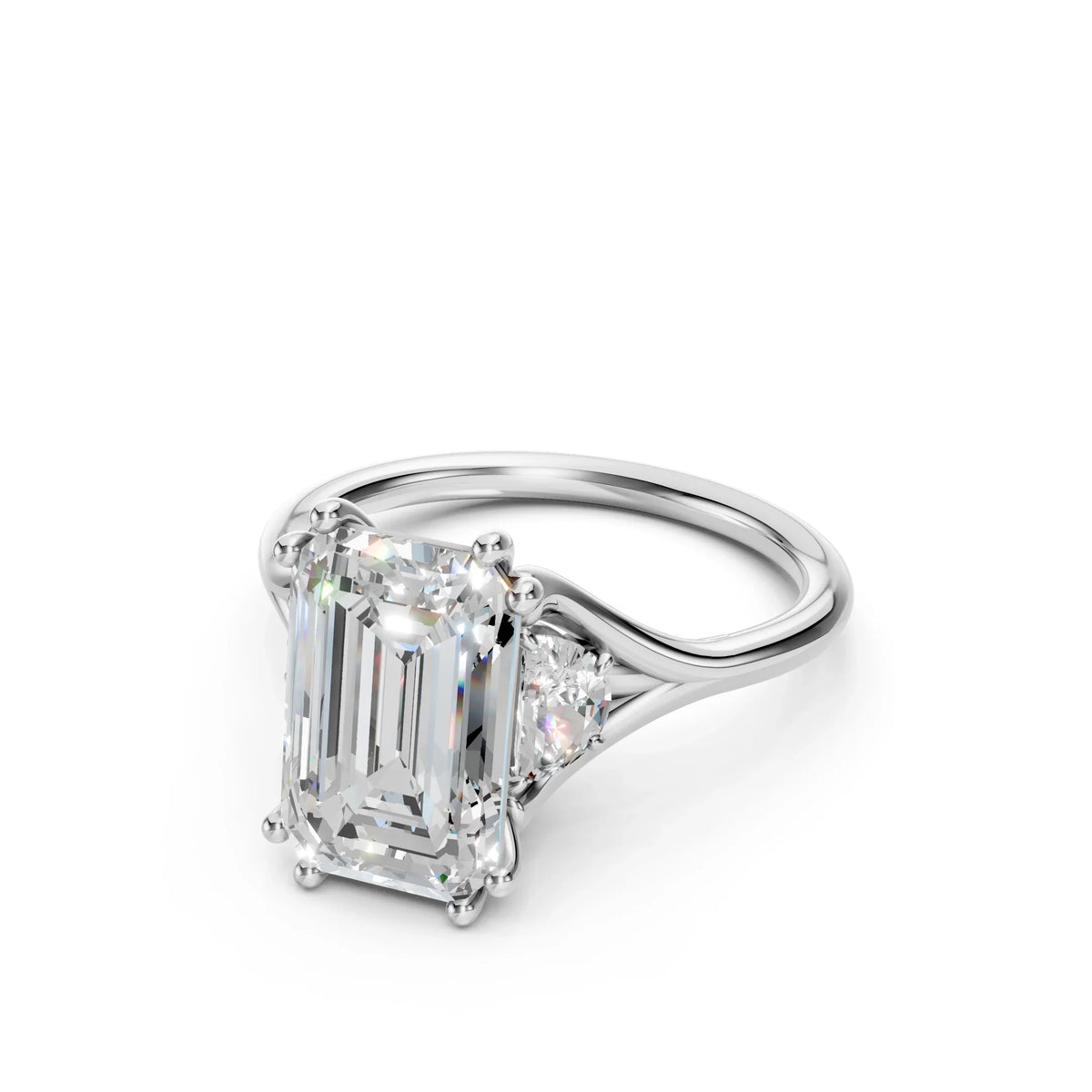 Three stone lab diamond engagement ring by Bel Viaggio Designs with an emerald cut center stone.