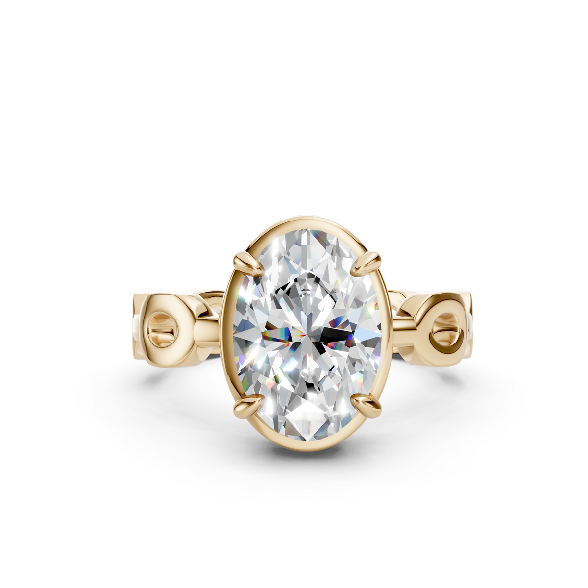Oval lab diamond solitaire engagement ring with a gold link band by Bel Viaggio Designs