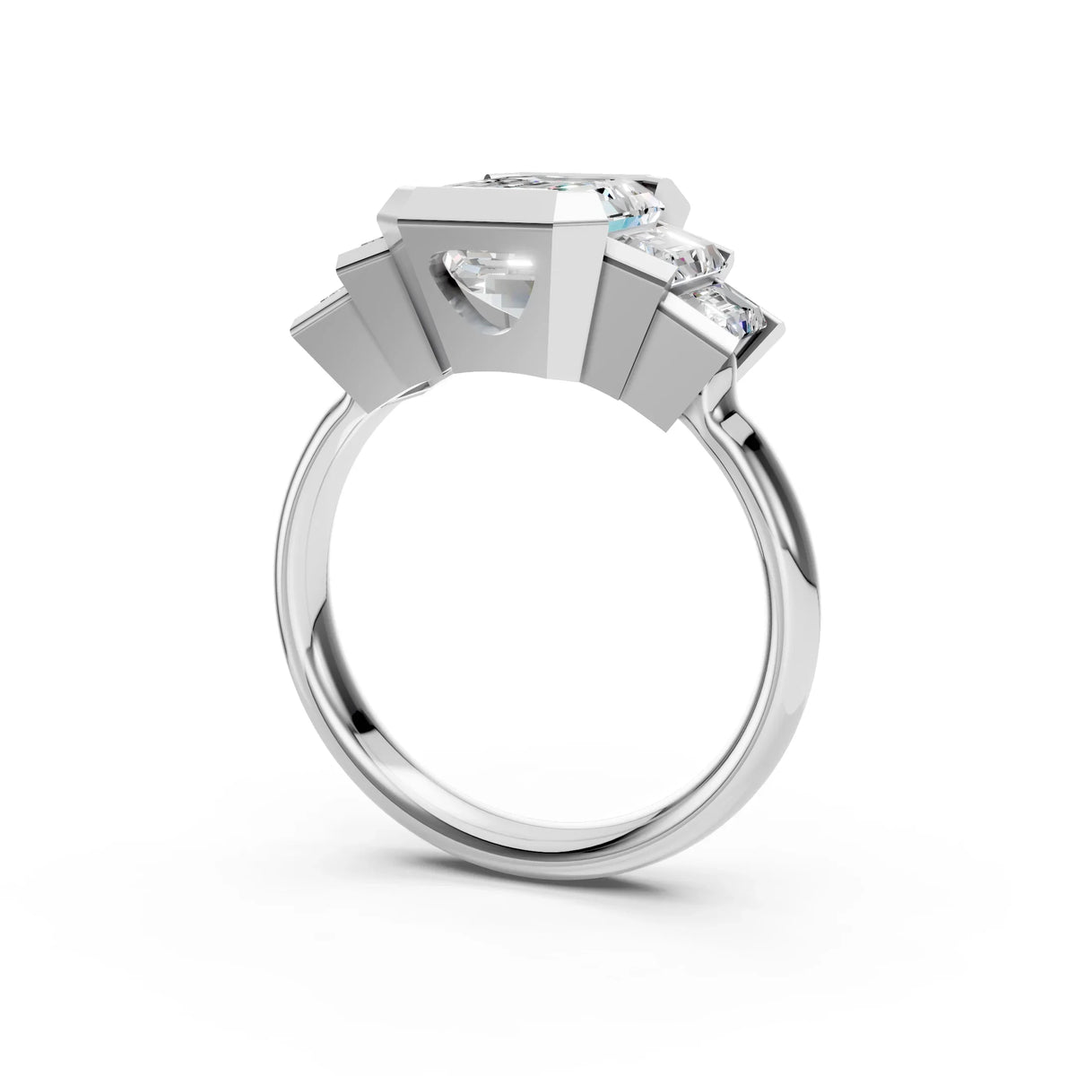 Modern five stone emerald cut lab diamond ring by Bel Viaggio Designs