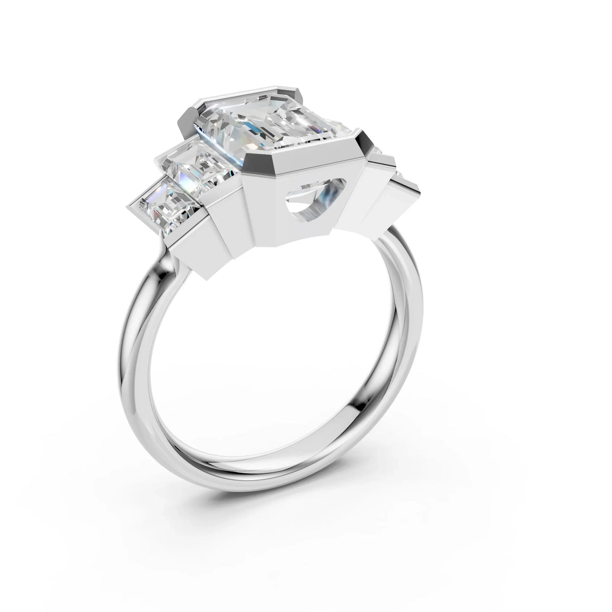 Bel Viaggio Designs modern five stone emerald cut lab diamond ring in white gold