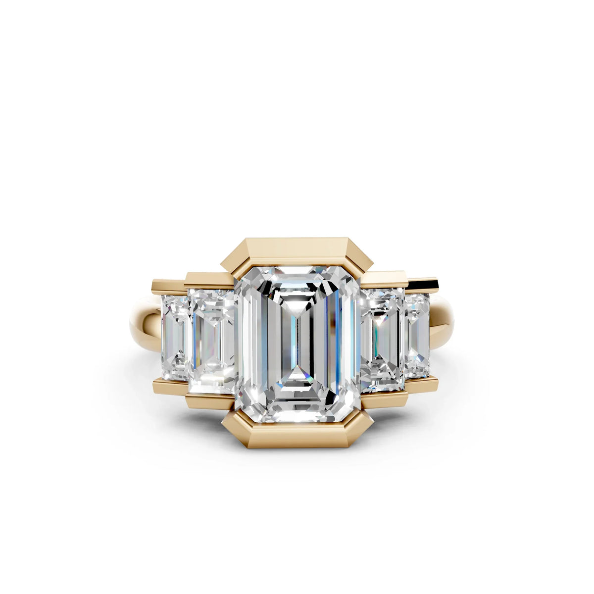 Modern five stone emerald cut lab diamond ring by Bel Viaggio Designs in yellow gold