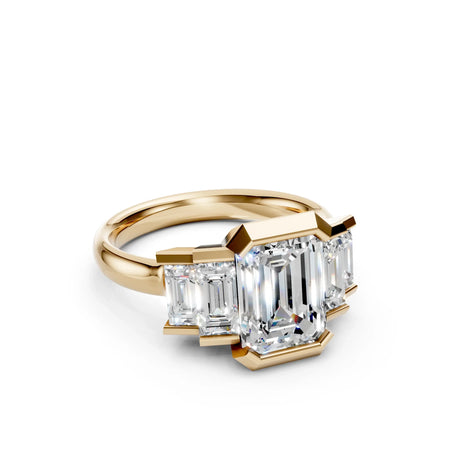 Bel Viaggio Designs modern five stone emerald cut lab diamond ring in yellow gold