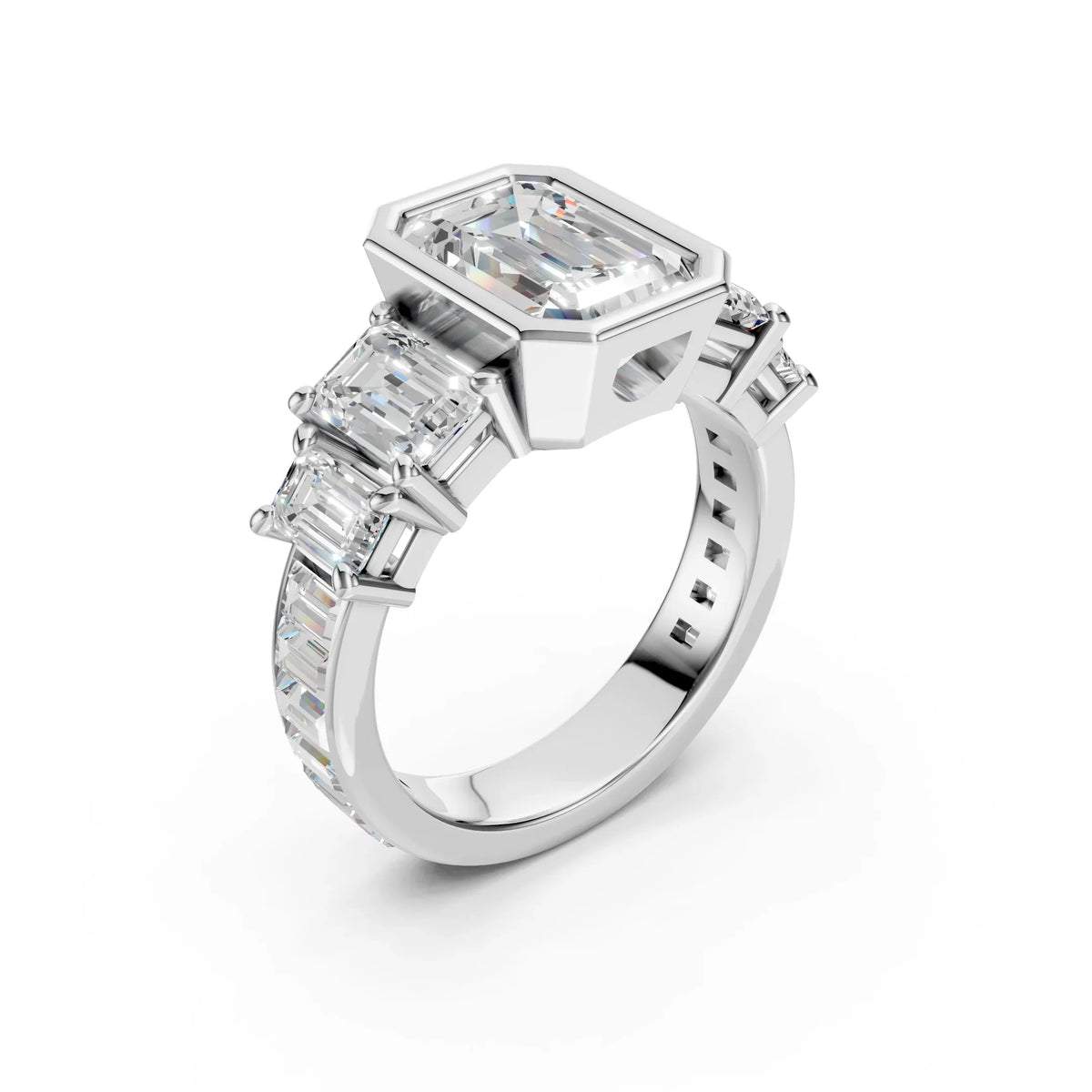 Bel Viaggio Designs graduated emerald cut lab diamond anniversary ring in white gold