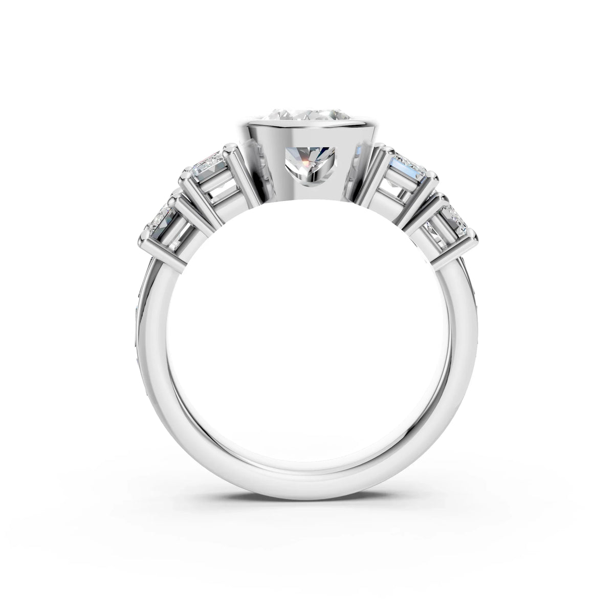 Side view of Bel Viaggio Designs oval lab diamond anniversary ring with side stones
