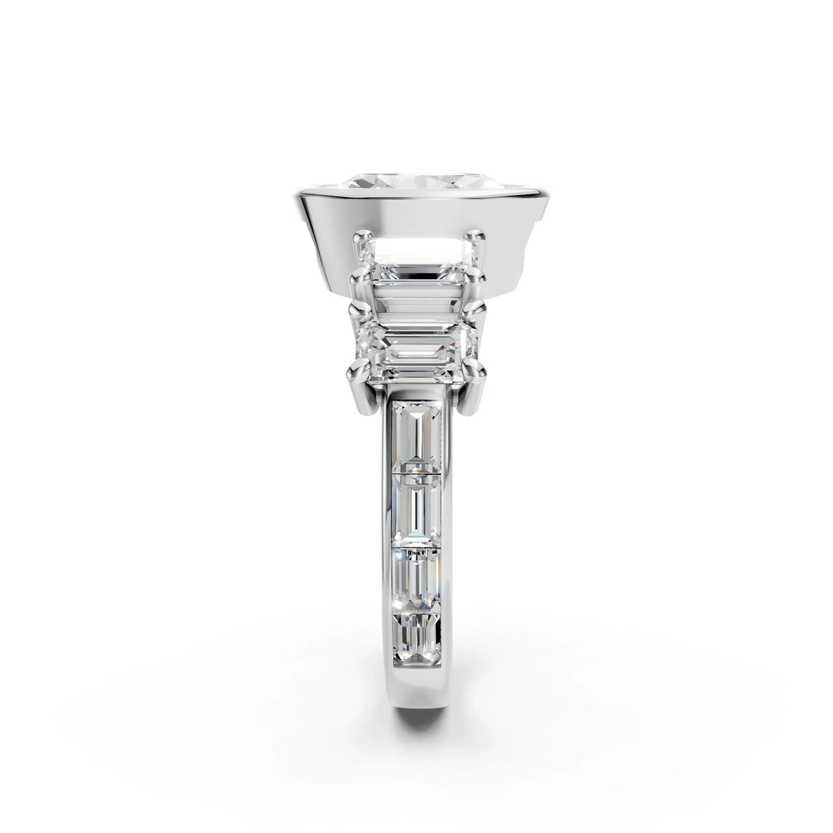 Side view of an Oval Lab Diamond Anniversary Ring by Bel Viaggio Designs with a baguette diamond band.