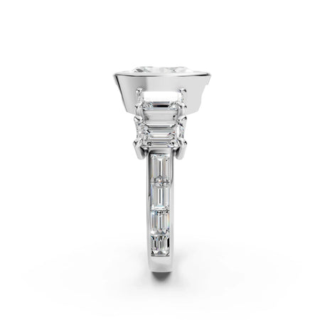 Side view of an Oval Lab Diamond Anniversary Ring by Bel Viaggio Designs with a baguette diamond band.