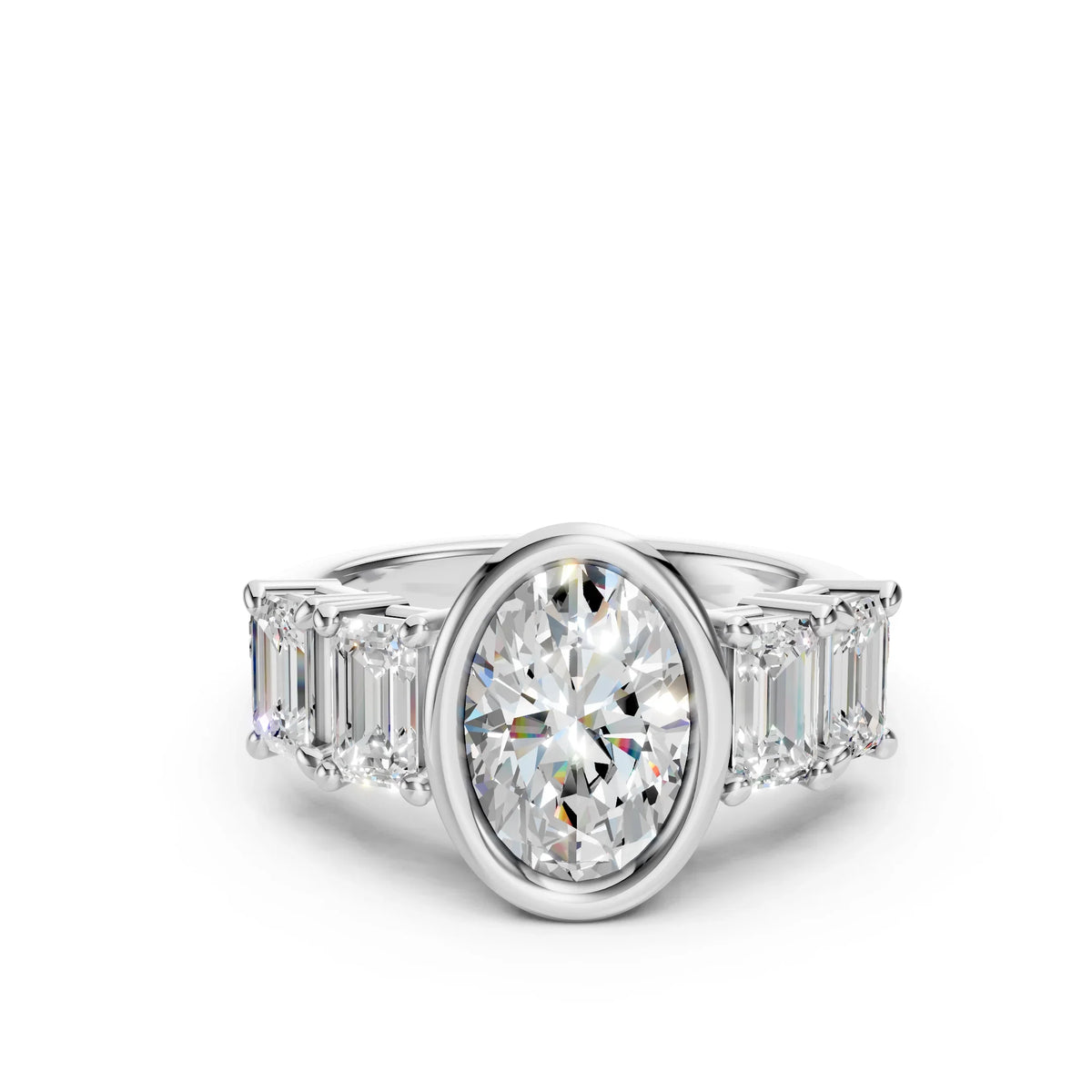 Bel Viaggio Designs oval lab diamond anniversary ring with baguette side stones in white gold