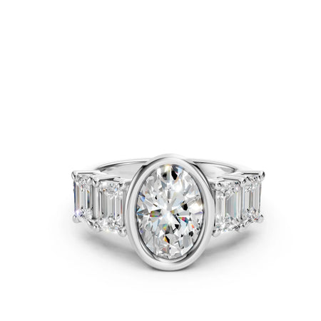 Bel Viaggio Designs oval lab diamond anniversary ring with baguette side stones in white gold