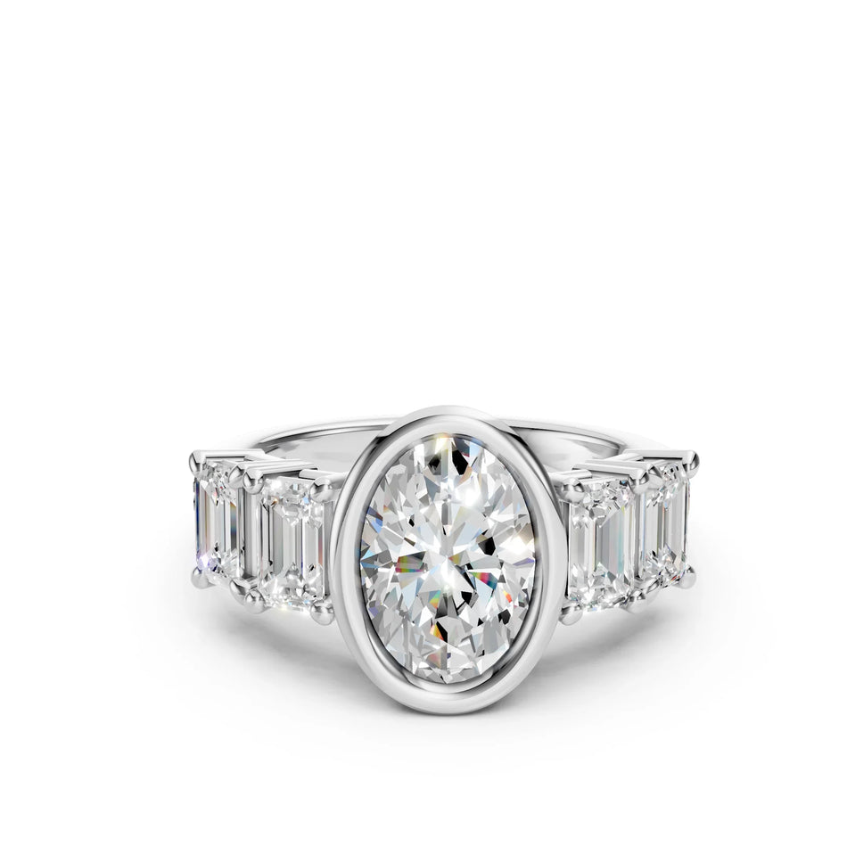 Bel Viaggio Designs oval lab diamond anniversary ring with baguette side stones in white gold
