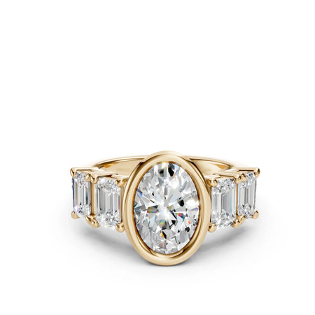Bel Viaggio Designs oval lab diamond anniversary ring with baguette side stones in yellow gold