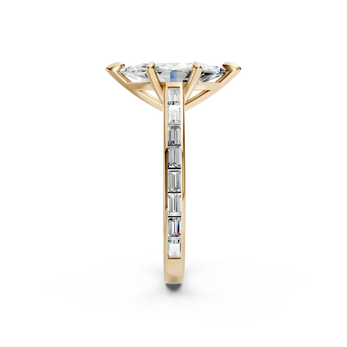 Bel Viaggio Designs marquise diamond engagement ring with baguette diamond band in yellow gold