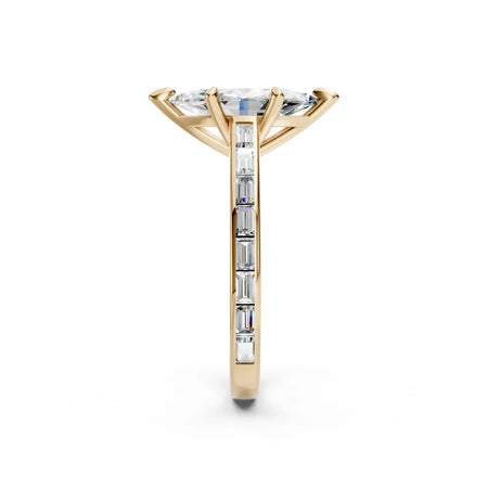 Bel Viaggio Designs marquise diamond engagement ring with baguette diamond band in yellow gold