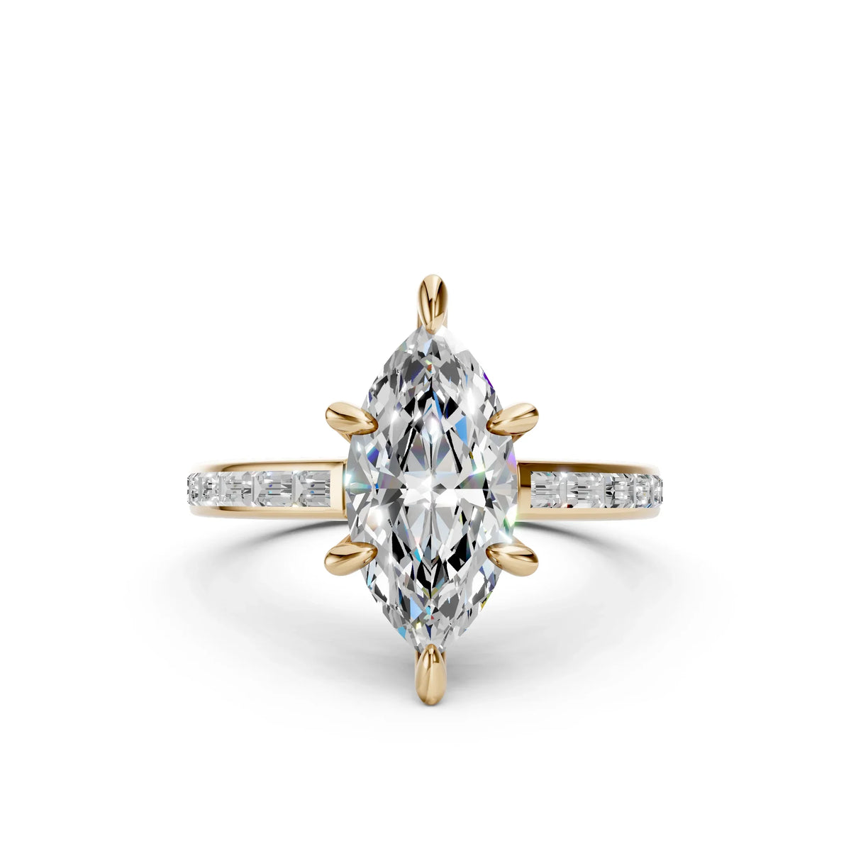 Marquise diamond engagement ring with baguette side stones in a yellow gold setting by Bel Viaggio Designs