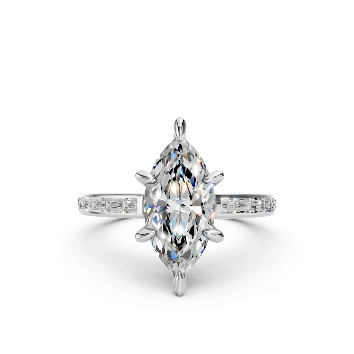 Bel Viaggio Designs marquise diamond engagement ring with baguette diamond band