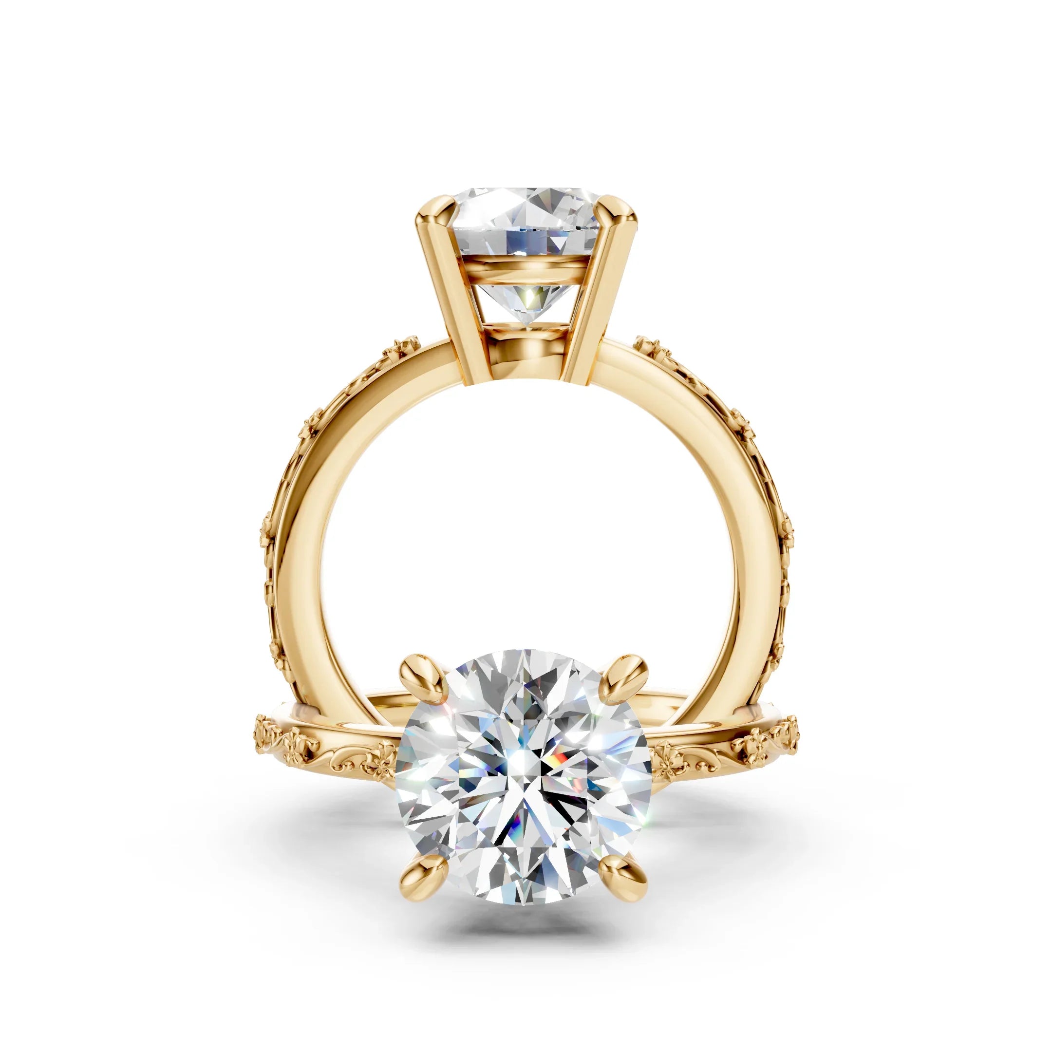 Gold custom engagement ring with ornate band and large round brilliant diamond