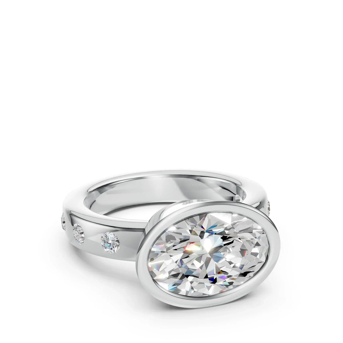Oval-cut diamond engagement ring with side stones in a white gold band