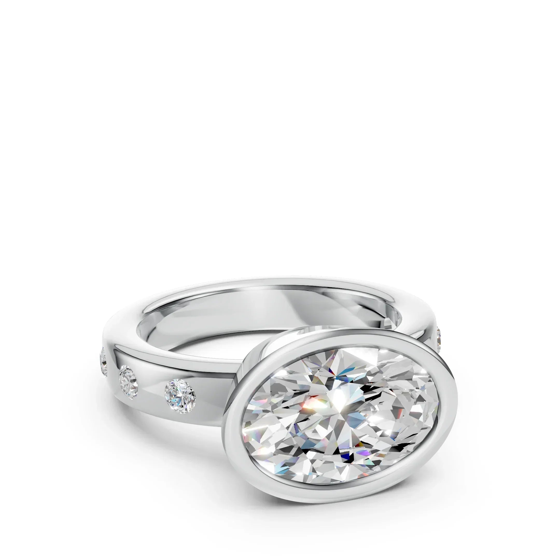 Oval-cut diamond engagement ring with side stones in a white gold band