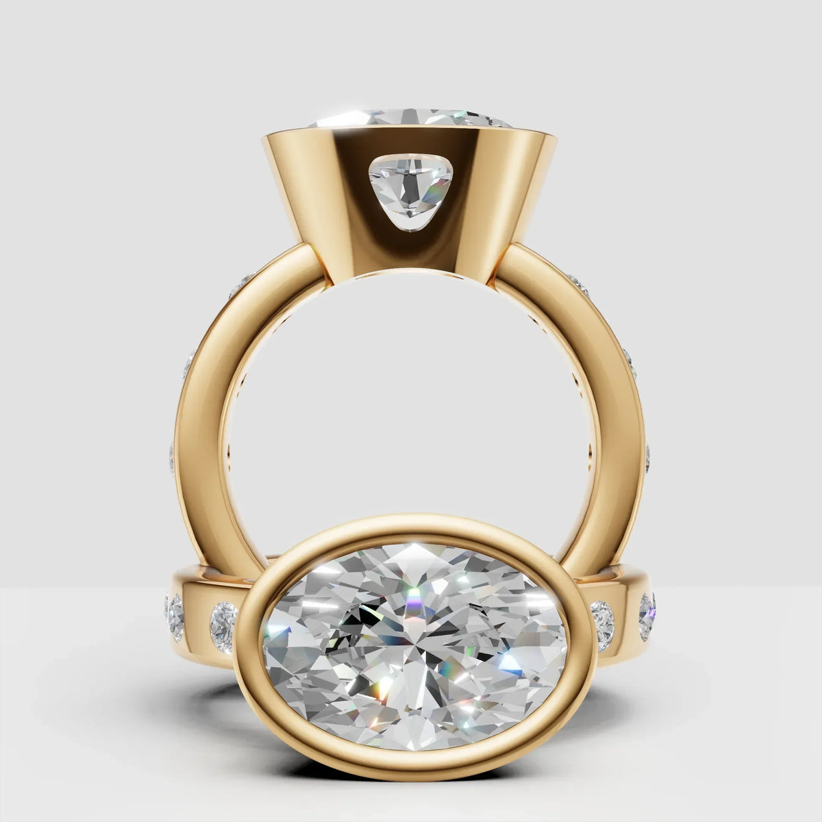 Oval cut diamond engagement ring in yellow gold with side accent stones