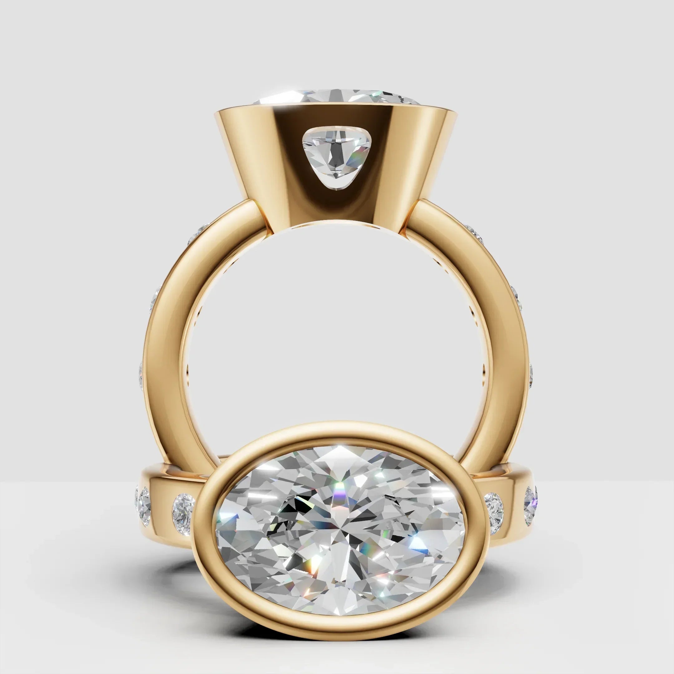 Oval cut diamond engagement ring in yellow gold with side accent stones