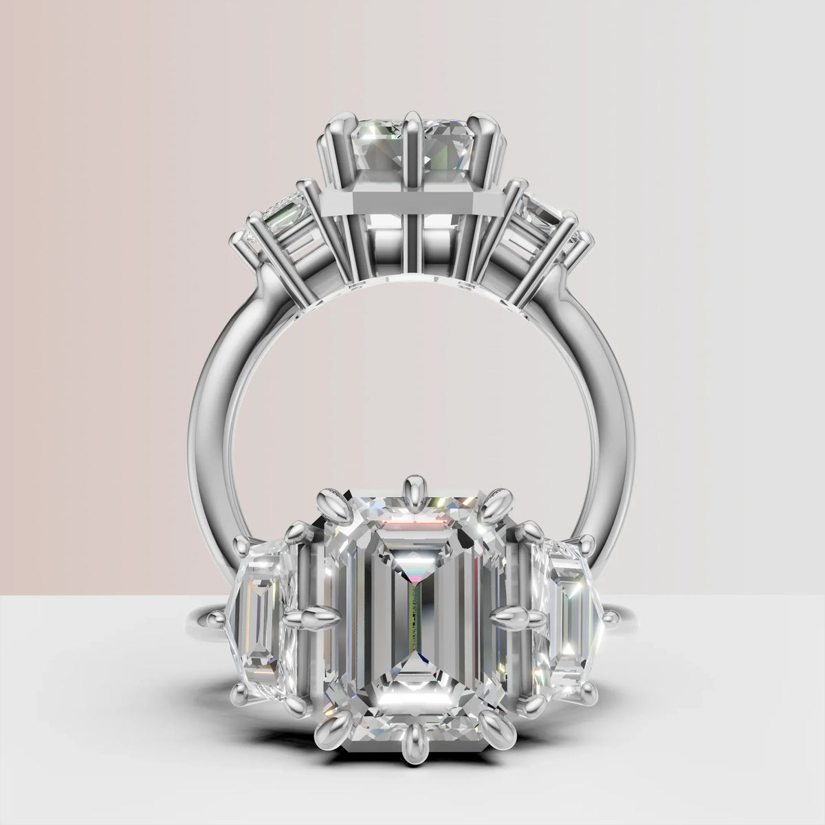 Custom emerald cut diamond engagement ring with baguette side stones in white gold setting