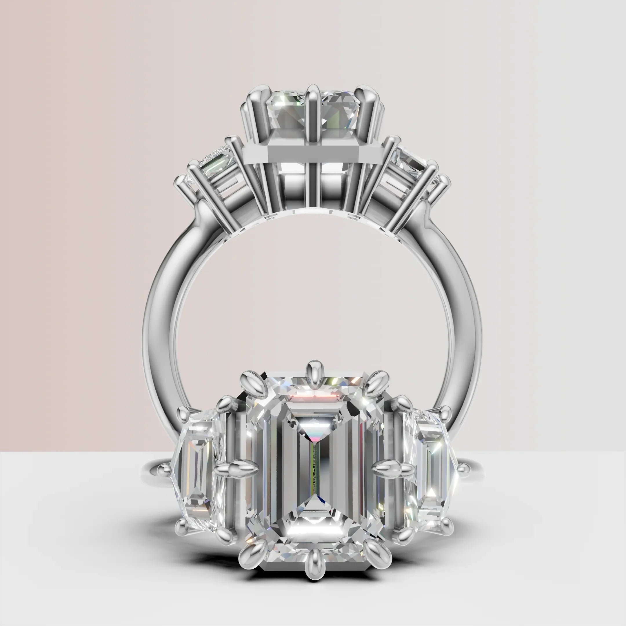 Custom emerald cut diamond engagement ring with baguette side stones in white gold setting